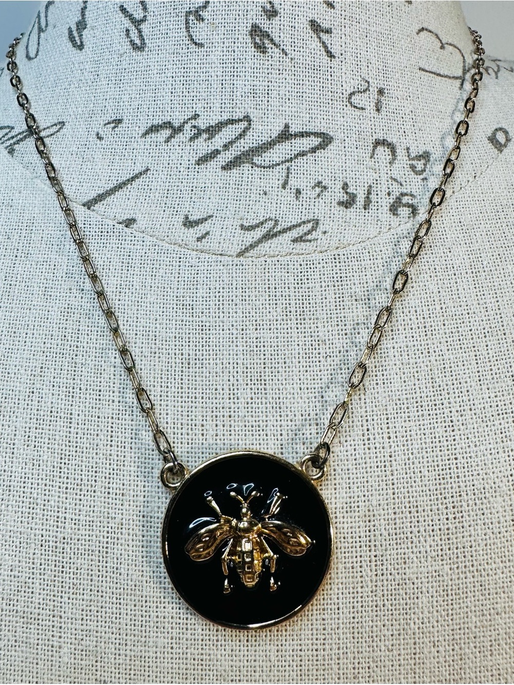 Charter Club Bee Necklace Black Enamel Disc Gold Tone Chain Pendant Statement